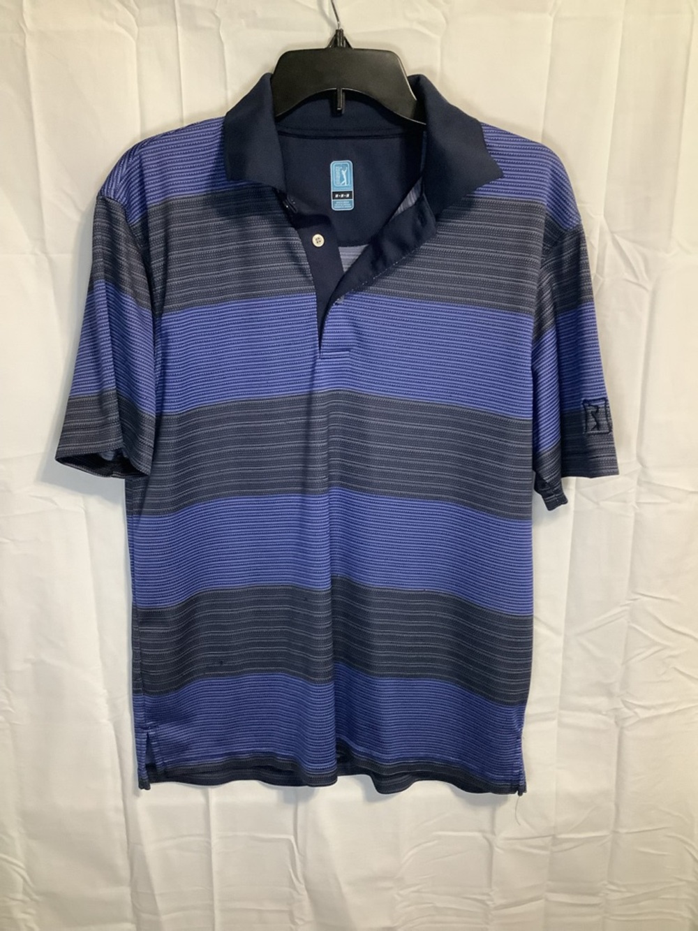 PGA Tour Navy and Royal Blue Striped Polo Medium
